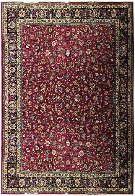 Deep burgundy Persian Mashad rug with all-over floral field, navy border and ivory guard bands