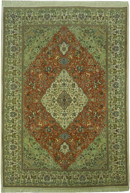 Full view of 6'9" x 10' Persian Tabriz hunting rug with rust red field and ivory medallion