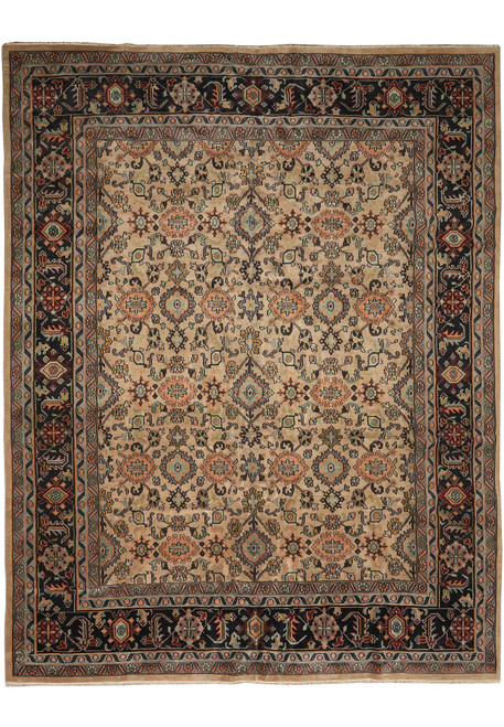 Full overhead view of the 12' x 15' beige Mahal design rug with black floral border