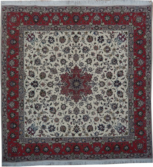 Flat overhead view of ivory Tabriz square rug with coral floral border and central medallion
