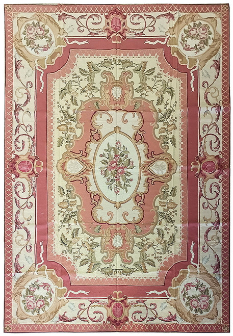 Overhead view of 8'10 x 11'9 Aubusson needlepoint rug with rose medallion and ivory field