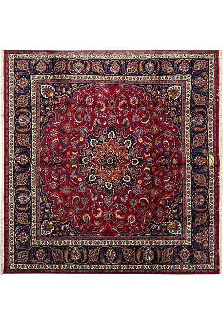 Full overhead view of 9'8" x 10'3" square Persian Mashad rug with burgundy field and navy border