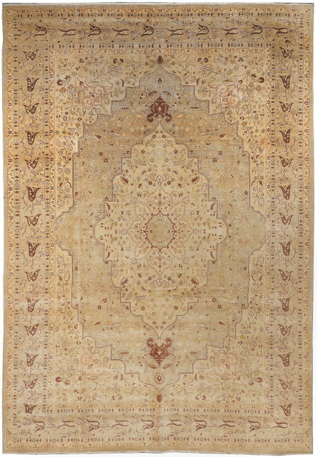 9'9" x 14'2" gold and light green Oriental wool rug with lobed floral medallion, overhead view