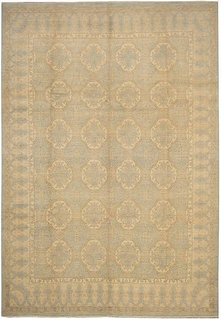 Full overhead view of 8' x 10'6" Ziegler Chobi rug with ivory rosette lattice on green