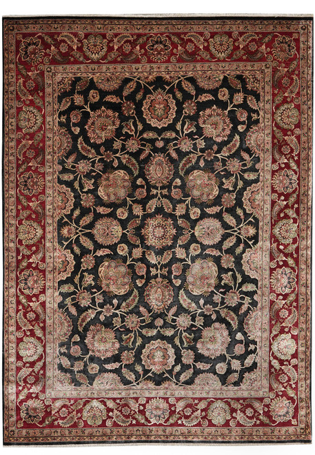 Black field Jaipur wool rug with burgundy border and ivory all over floral vines