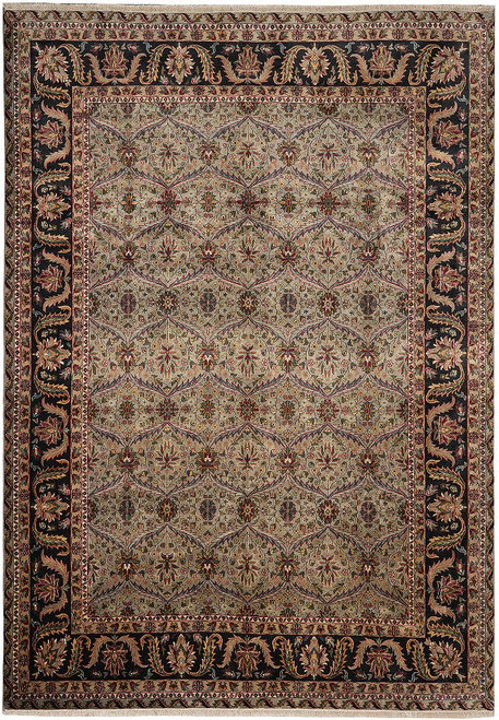 9x12 Jaipur Oriental rug shown flat, sage green field framed by black William Morris border