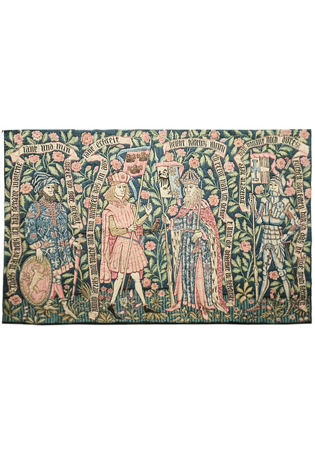 French pictorial tapestry showing four crowned figures, heraldic banners and Gothic script on deep green ground
