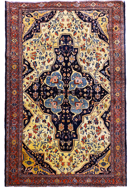 Antique 4'5" x 7' Persian Sarouk Ferahan rug with ivory field and navy lobed medallion
