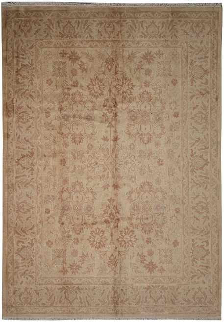 Full overhead view of 8'8 x 11'6 Turkish Oushak rug, beige field with dusty rose florals