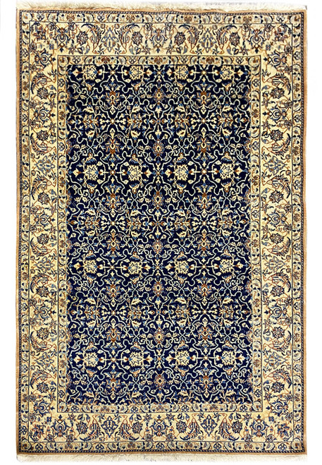 Navy blue Persian Nain rug with ivory floral border and all over vine field, 3'7" x 5'5"