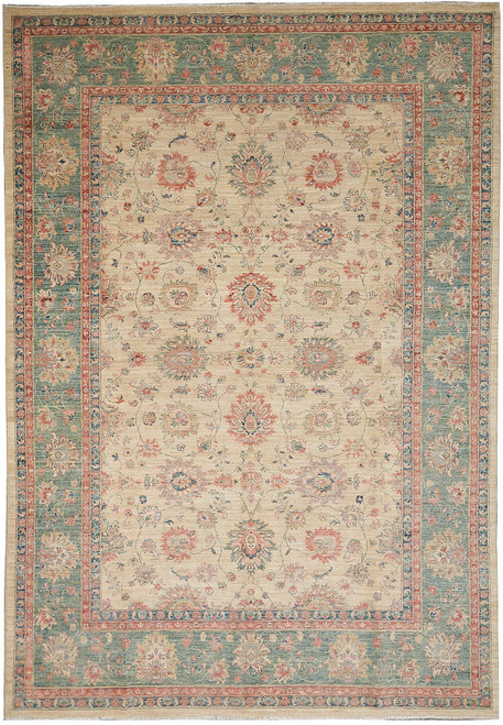 8'1" x 10'8" Ziegler rug shown flat with beige field and sea green floral border