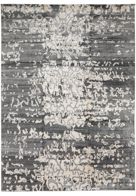 Charcoal gray and ivory abstract erosion pattern covering the full 10x14 modern hand-knotted wool and silk rug