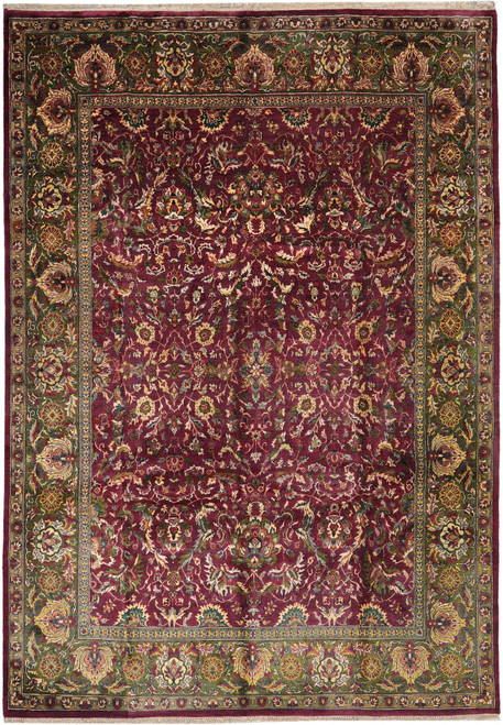 Overhead view of maroon Jaipur wool rug with all-over floral field and olive green border