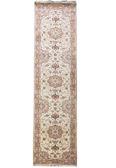 Full length 3' x 13'3" Persian Tabriz runner with ivory field and rust floral border