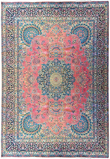 Rose field Persian Tabriz rug with navy starburst medallion, teal spandrels and ivory floral borders