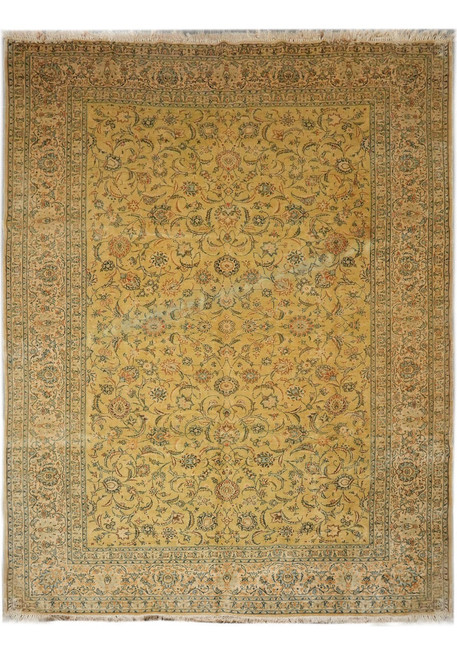 Gold field Persian Kashan rug with all over floral vine design and ivory floral border