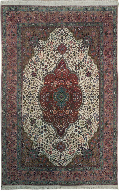 Ivory field Persian Tabriz rug with brick red lobed medallion and salmon pink floral border