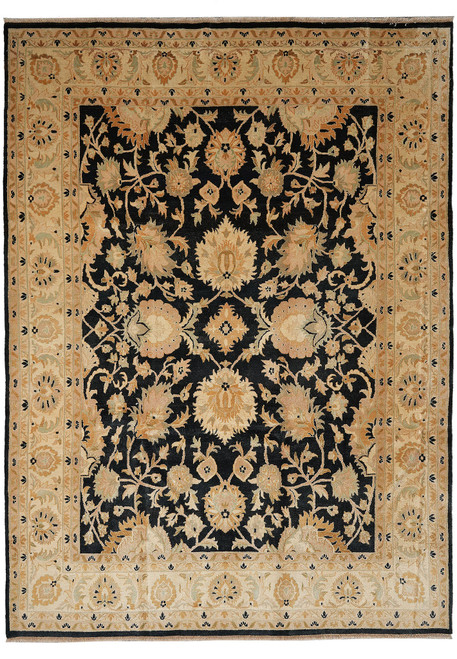 Black field Ziegler rug with ivory border, apricot palmettes and sage vines, 9 x 12 size