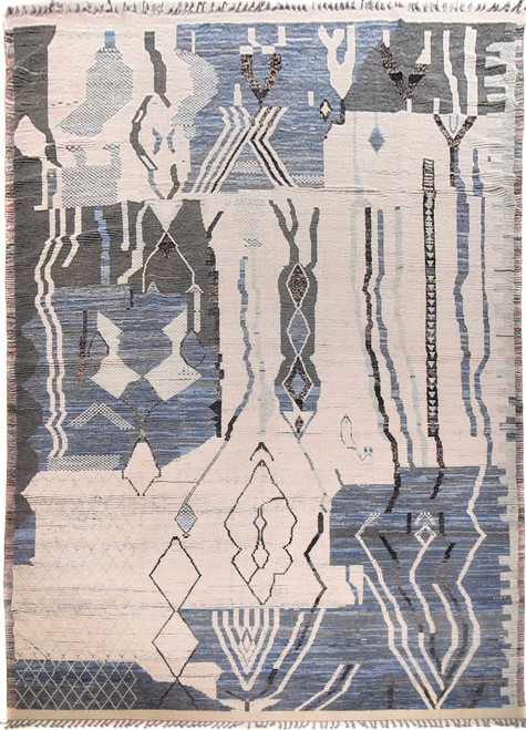 Ivory and denim blue Moroccan design rug with abstract Berber motifs, 12x19 oversize hand-knotted wool