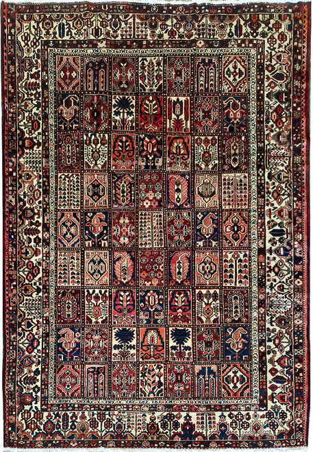 Full view of 10 x 13 Persian Bakhtiar garden panel rug with burgundy, navy and ivory compartments