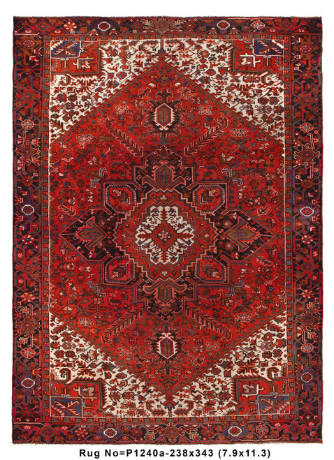 Full view of 7'9" x 11'3" Persian Heriz rug with brick red field and ivory spandrels