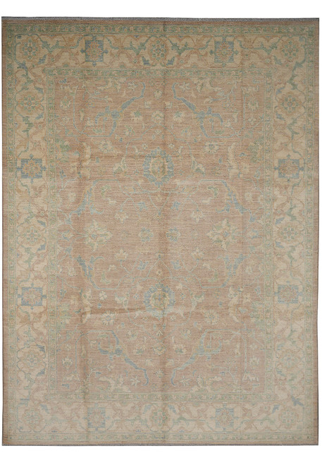 Full view of 9' x 12' Ziegler Oriental rug with muted peach field and ivory floral border