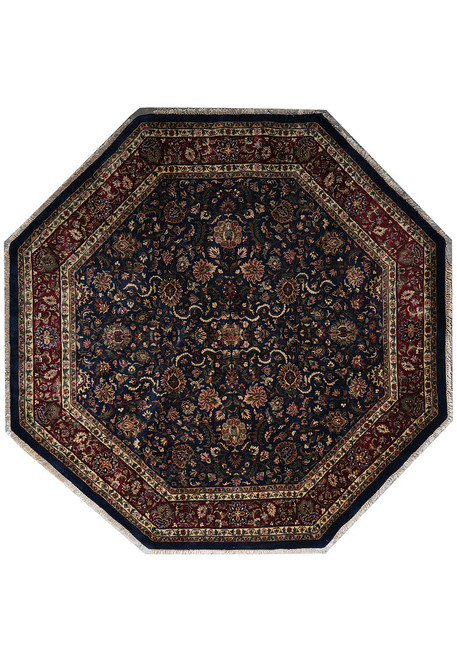 8' x 8' octagonal Indian rug photographed flat, navy field framed by burgundy floral border