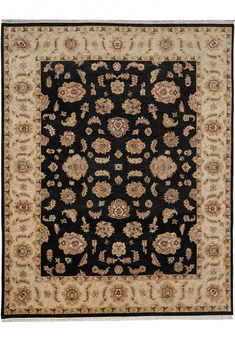 8x10 black Agra Ziegler rug photographed flat showing ivory floral border and dense wool field