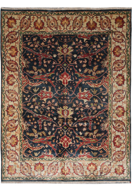 Dark blue 9x12 Ziegler rug with ivory border, rust palmettes and all over floral vine design