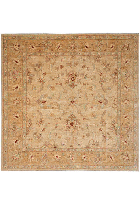 Overhead view of beige and gold square Chobi Peshawar rug with all over floral design