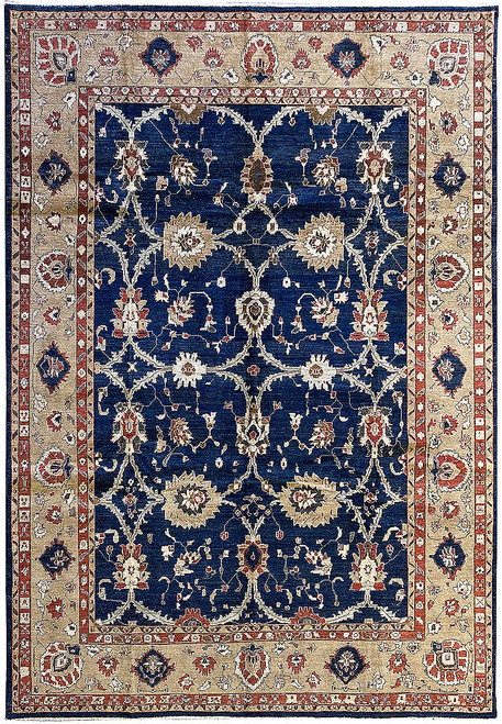 Full overhead view of navy blue Soltanabad rug with camel border and rust floral rosettes