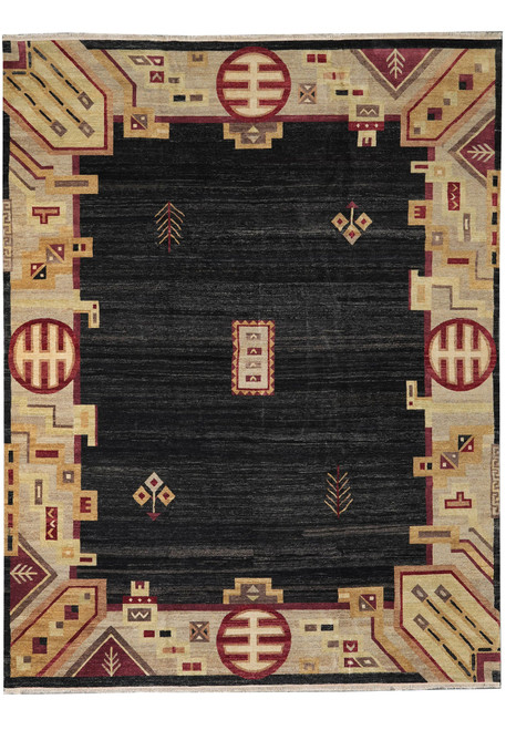 Full view of 11'10" x 15' Persian Gabbeh rug with black field and beige geometric border