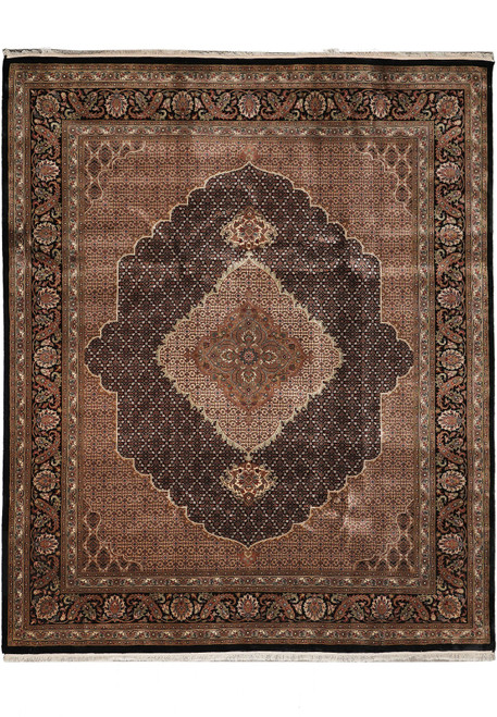 Full overhead view of 8'3" x 9'8" black Mahi Tabriz wool and silk area rug