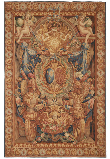 Roman Baroque tapestry rug with crowned sun face, cherubs and fleur-de-lis guilloche border, full view