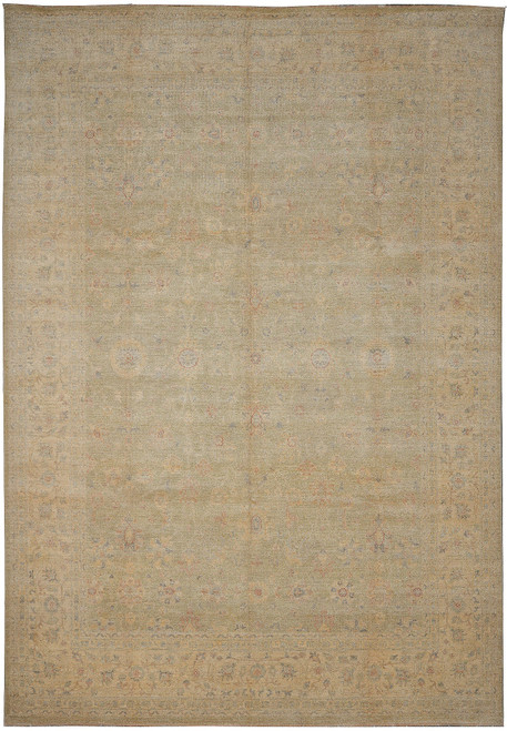 Full view of 9x12 faded light green Ziegler rug with all-over floral vine pattern