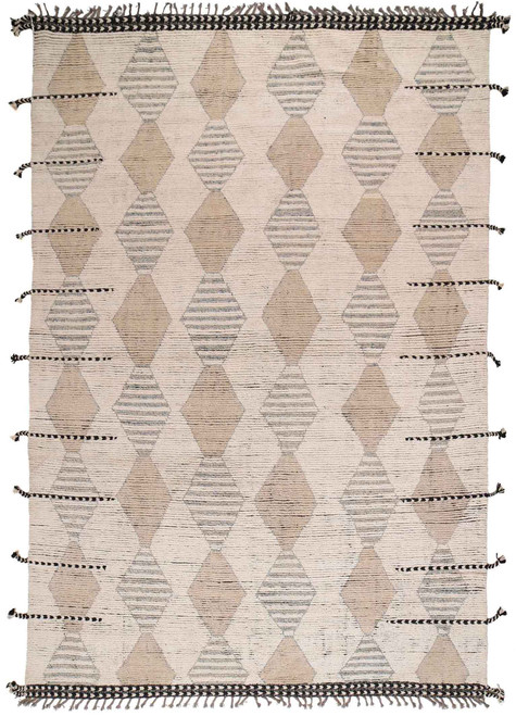 8'9" x 13'1" Moroccan design wool rug in ivory with taupe and gray diamond columns