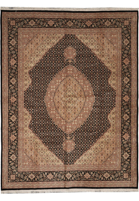 Full view of 7'9 x 9'9 black Mahi Tabriz design rug with beige medallion and floral border