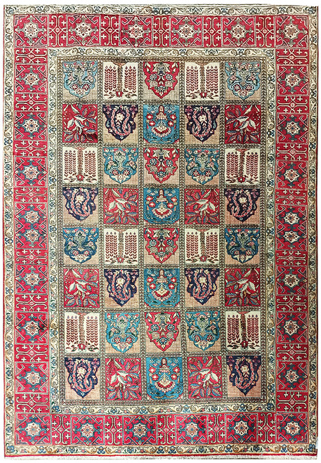 Multi-colored Persian Bakhtiar garden panel rug with red border, ivory, navy and teal compartments