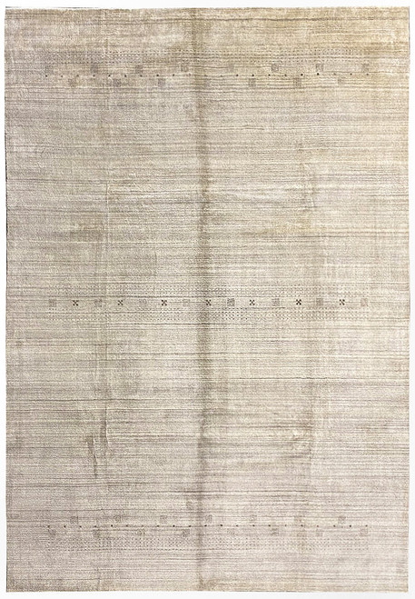 Full overhead view of 10x13 modern Gabbeh rug in neutral gray with minimal tribal motif rows