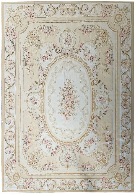 Ivory and gold Aubusson flat weave rug with oval rose medallion and scrolling acanthus border