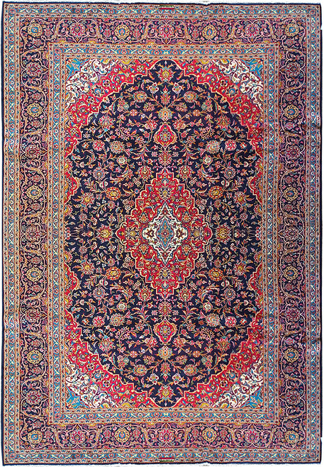 Navy blue Persian Kashan rug with red medallion, ivory corner spandrels and dense floral field