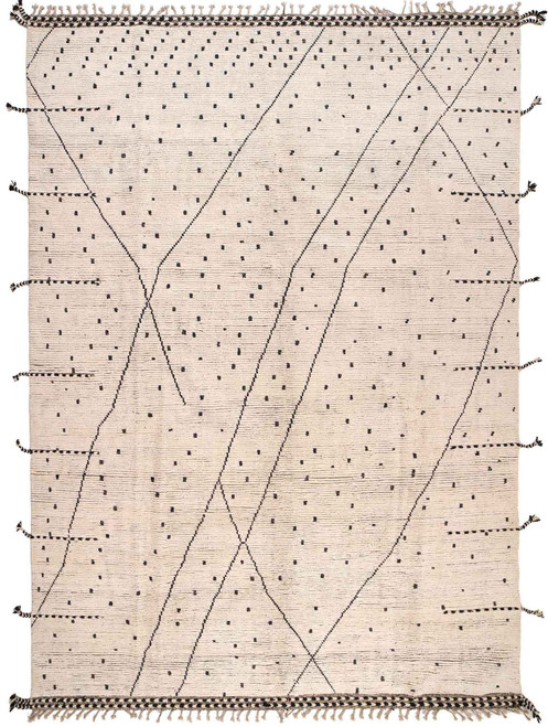 8'10 x 12'7 Moroccan design rug in ivory beige wool with black diamond lines and dots