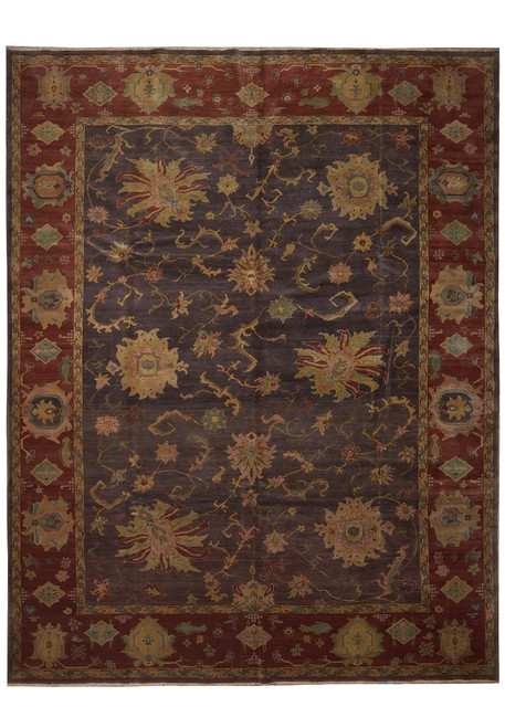 Full view of 10' x 13' Jaipur wool rug with brown field and rust floral border