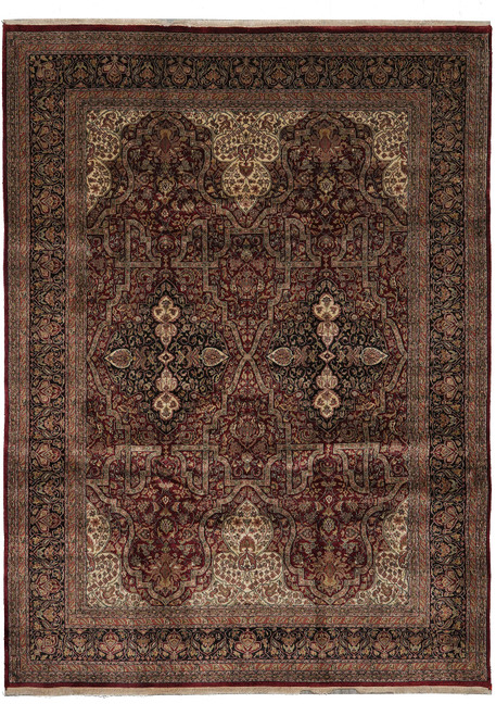 Burgundy and black Jaipur Oriental rug with ivory palmettes and dense traditional floral field