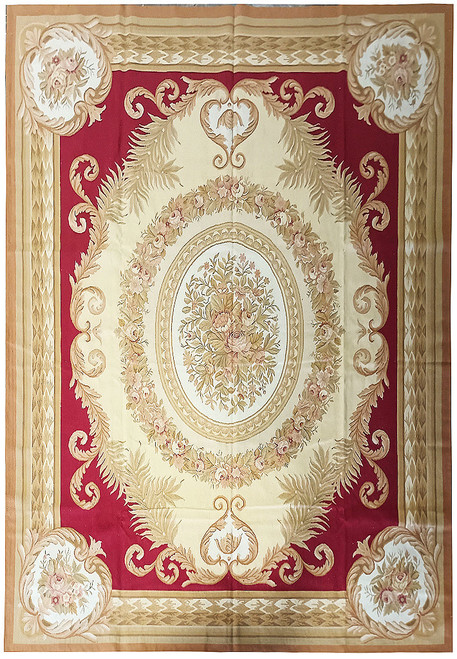 Burgundy and ivory Aubusson flat weave rug with oval floral medallion and rose garland