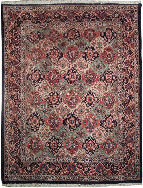 Full view of 8'2 x 10'5 Persian Bakhtiar garden rug with ivory field and navy border
