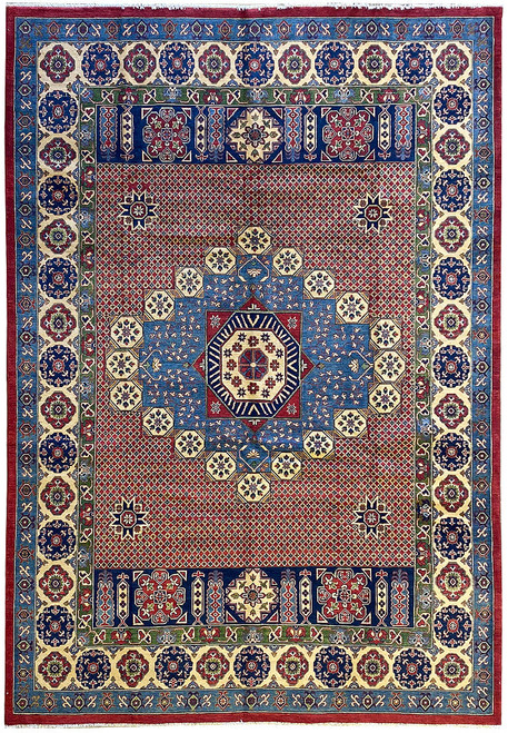 Full view of 8'10" x 12'7" Mamlook rug with red field and blue octagonal medallion
