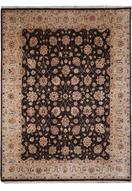 Overhead view of 8' x 10'3" Afghan Zigler rug, black brown floral field, ivory border