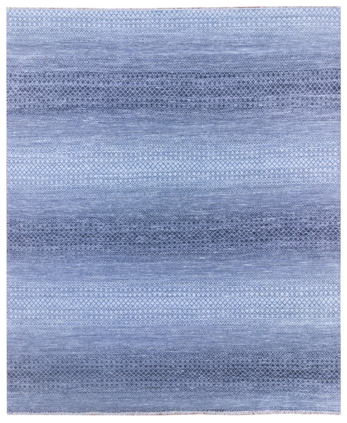 12' x 18'2" blue Indian rug shown flat, ombre rainbow bands over diamond lattice field