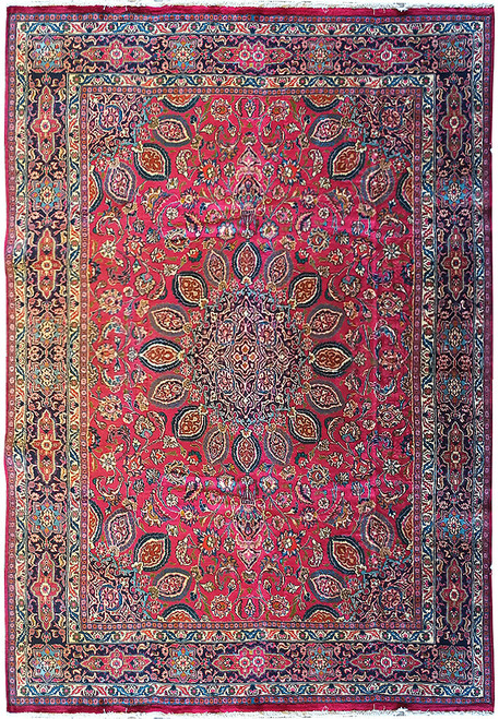 Full overhead view of 9'8 x 13'5 Persian Mashad rug with deep red field and navy border